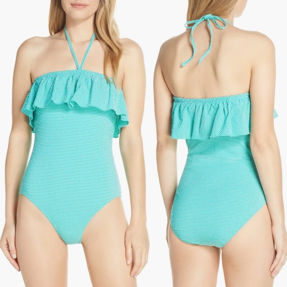 NWT J. Crew Gingham Ruffle Bandeau One-Piece Swimsuit Sz 14 - Picture 2 of 8